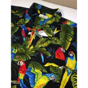 Mens Hawaiian Shirt Bill Blass Tropical Birds Colorful red green yellow- XXL 2XL